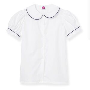 A+ White Peter Pan School Uniform Blouse Navy Blue Piping Short Sleeve Sz YM